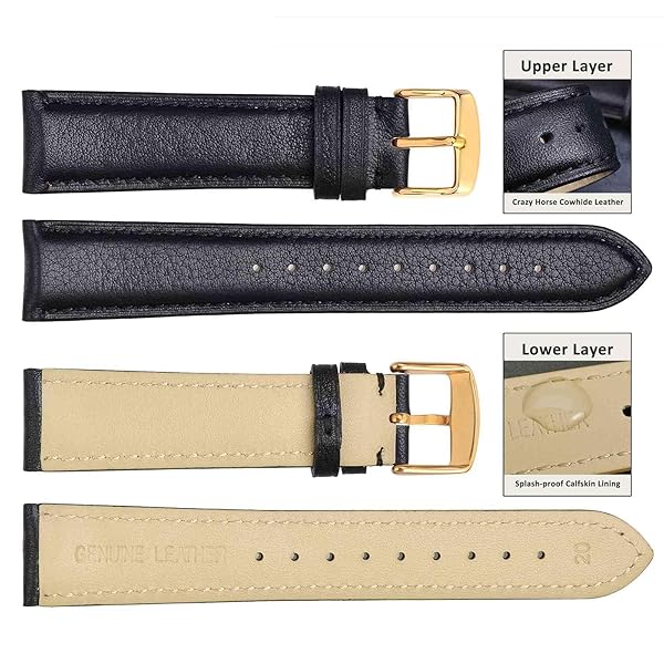 WOCCI WOCCI 16mm Vintage Leather Watch Band for Men and Women with Gold Buckle in Black Color - View 4 of 8