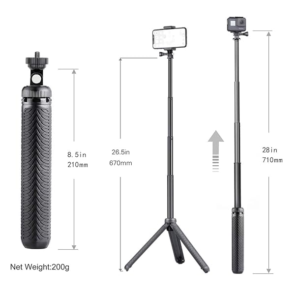 QiuNiu Extendable Selfie Stick & Tripod for GoPro Hero 12-3, ACASO, SJCAM - Perfect for Action Cameras & Smartphones - View 3 of 10