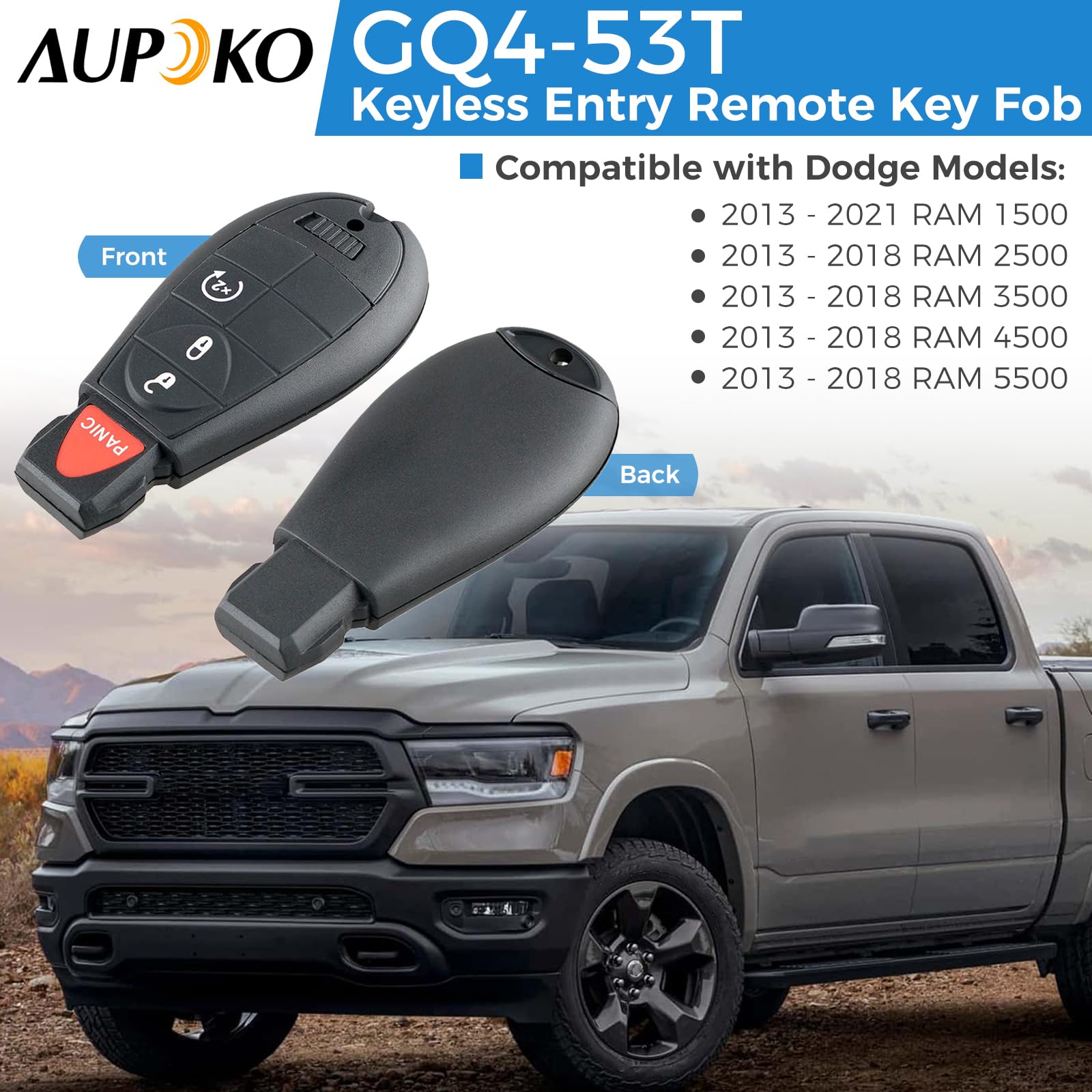 Aupoko Aupoko GQ4-53T Keyless Entry Fob 4 Buttons Programmable Remote Keys Compatible with 2013-2018 Dodge Ram 1500 2500 3500 - View 3 of 7