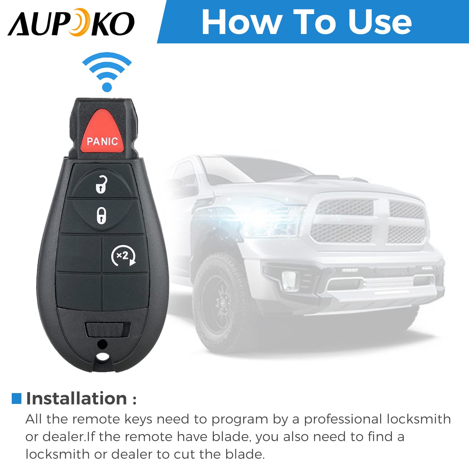 Aupoko Aupoko GQ4-53T Keyless Entry Fob 4 Buttons Programmable Remote Keys Compatible with 2013-2018 Dodge Ram 1500 2500 3500 - View 5 of 7