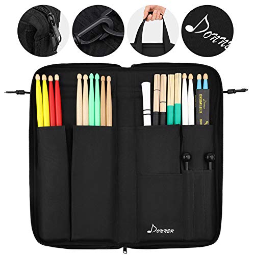Donner Drumsticks Bag Holder Large Capacity Portable for Up to 12 Pairs of Drumsticks Brushes Mallets Black