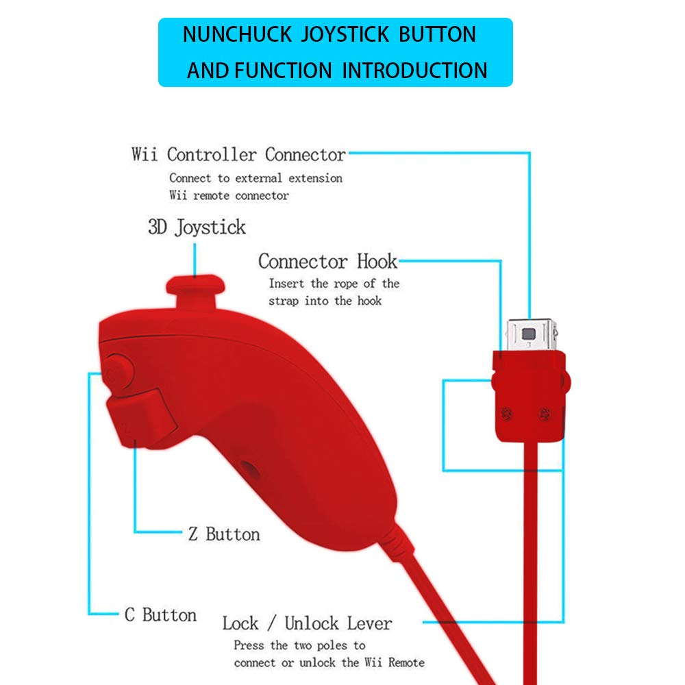 ZeroStory Wii Controller and Nunchuck 2 Pack for Wii and Wii U with Silicone Case and Wrist Strap Red and Blue - View 3 of 7