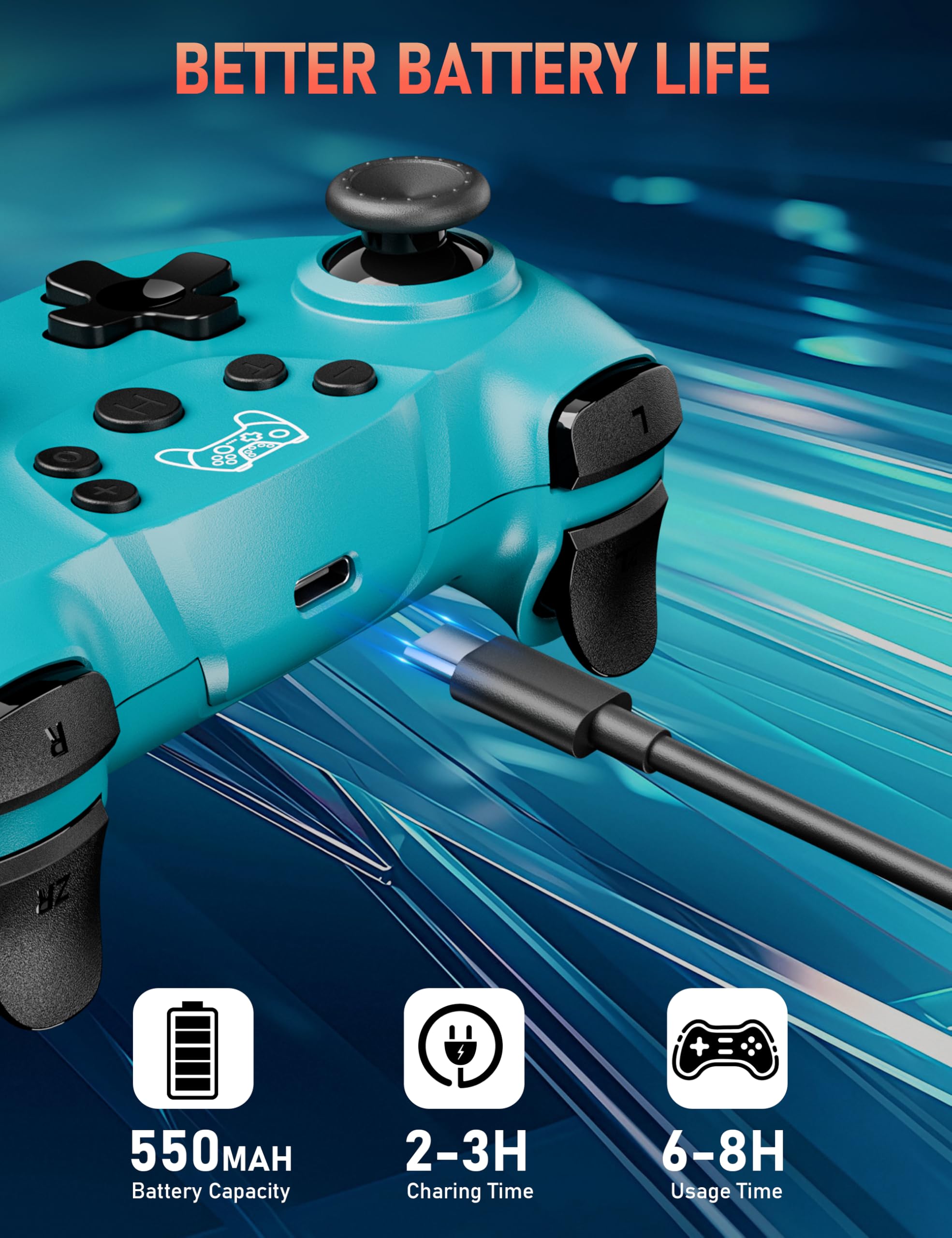 Diswoe Diswoe Wireless Pro Controller for Switch Lite OLED with Hall Effect Joystick Turbo Vibration Motion Control Ergonomic Blue - View 2 of 5