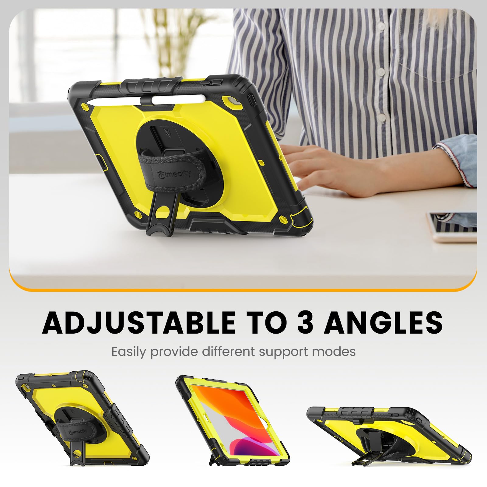 timecity Timecity Heavy Duty iPad Case for 9th 8th 7th Generation 10.2 inch with Screen Protector Rotating Stand Shoulder Strap and Pencil Holder Yellow - View 4 of 9