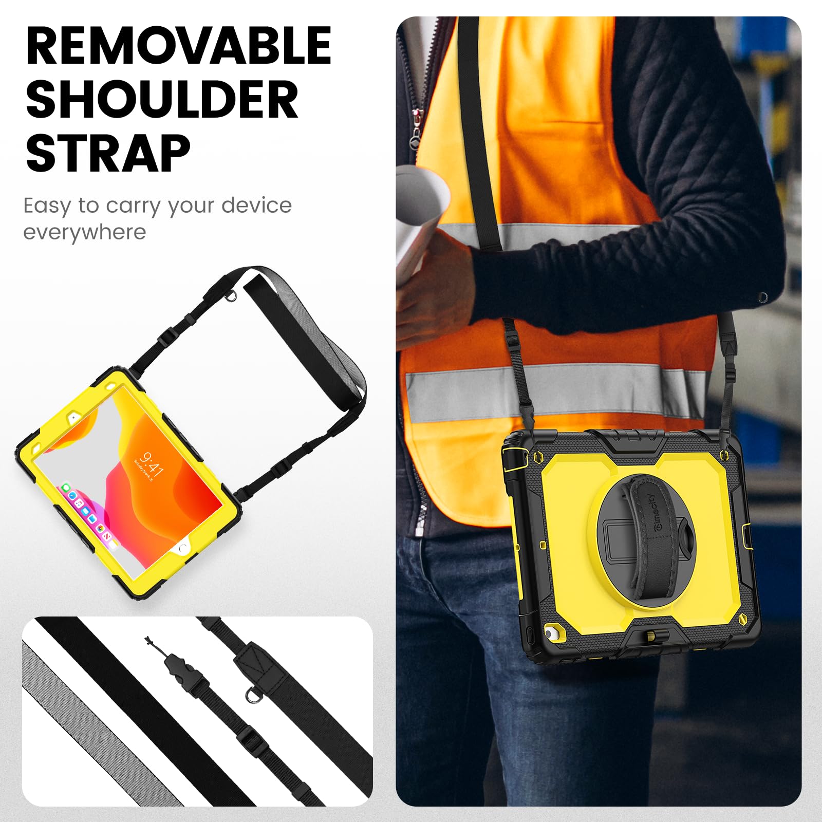 timecity Timecity Heavy Duty iPad Case for 9th 8th 7th Generation 10.2 inch with Screen Protector Rotating Stand Shoulder Strap and Pencil Holder Yellow - View 6 of 9