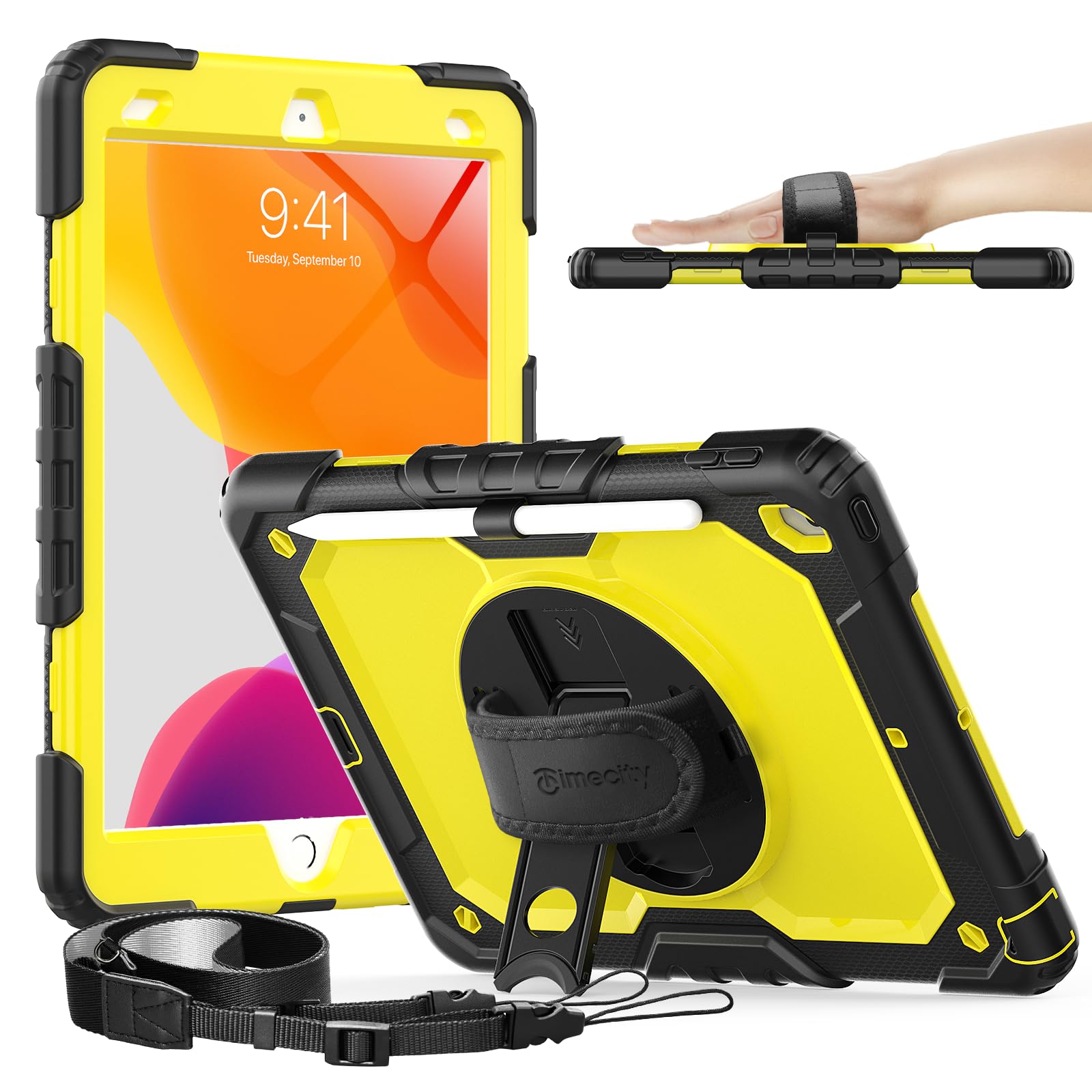 timecity Timecity Heavy Duty iPad Case for 9th 8th 7th Generation 10.2 inch with Screen Protector Rotating Stand Shoulder Strap and Pencil Holder Yellow