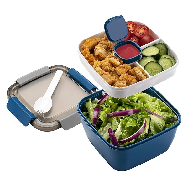 Freshmage Freshmage 52-oz Salad Lunch Container: 3 Compartment Bowls for Toppings & Snacks - Perfect for Men & Women (Blue)
