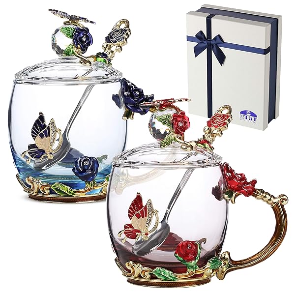 Brew To A Tea Floral Glass Tea Cups Set with Lids and Spoons Pack of 2 11 oz Blue and Red Flower Design Dishwasher Safe Gift Box Included