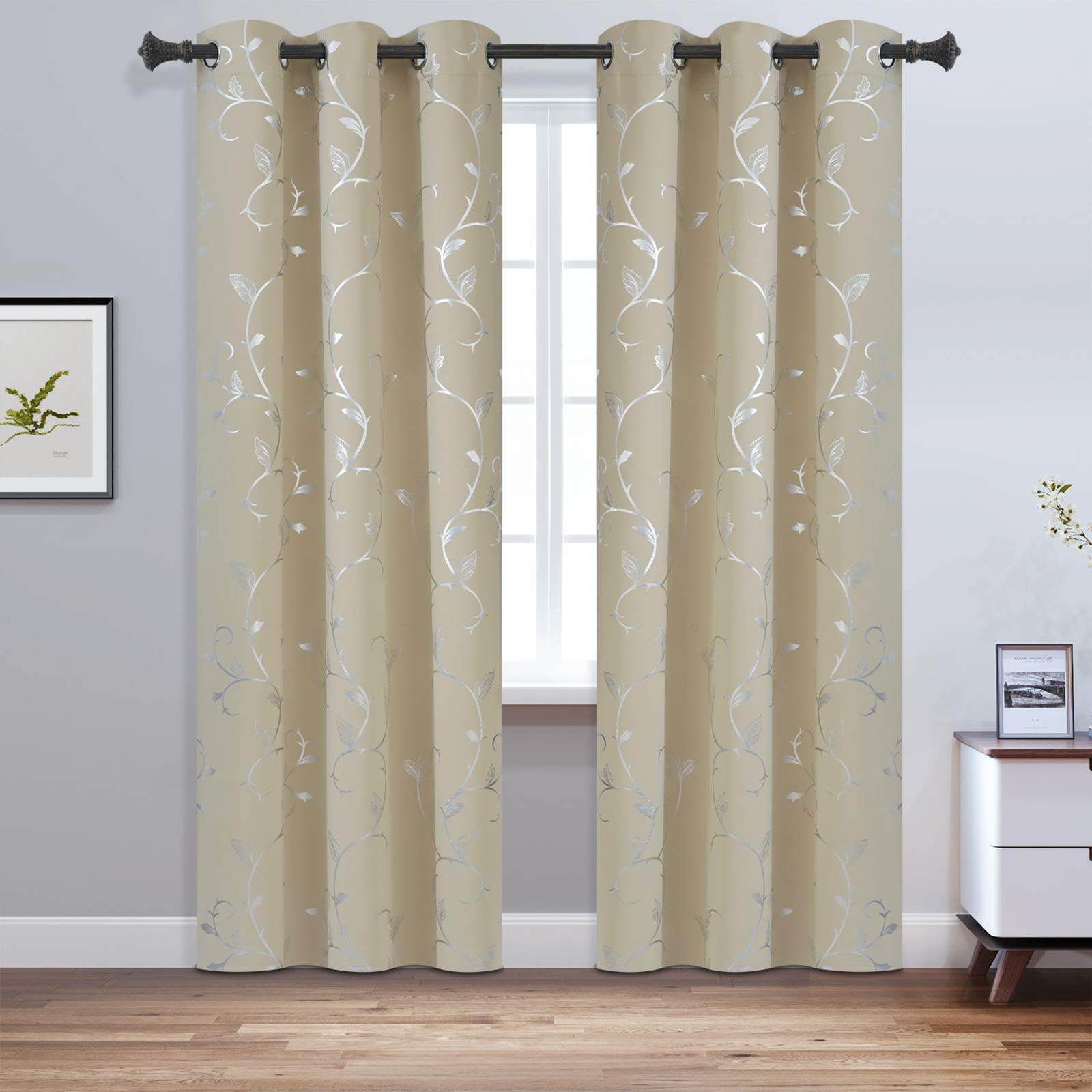 BUHUA Thermal Insulated Blackout Curtains Striped Wave Vine Print Living Room 38W72L Beige 2 Panels - View 2 of 8