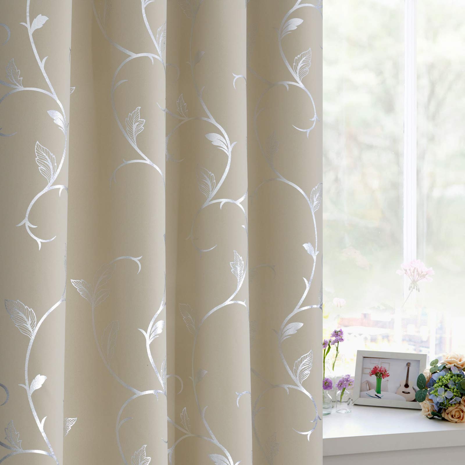 BUHUA Thermal Insulated Blackout Curtains Striped Wave Vine Print Living Room 38W72L Beige 2 Panels - View 3 of 8