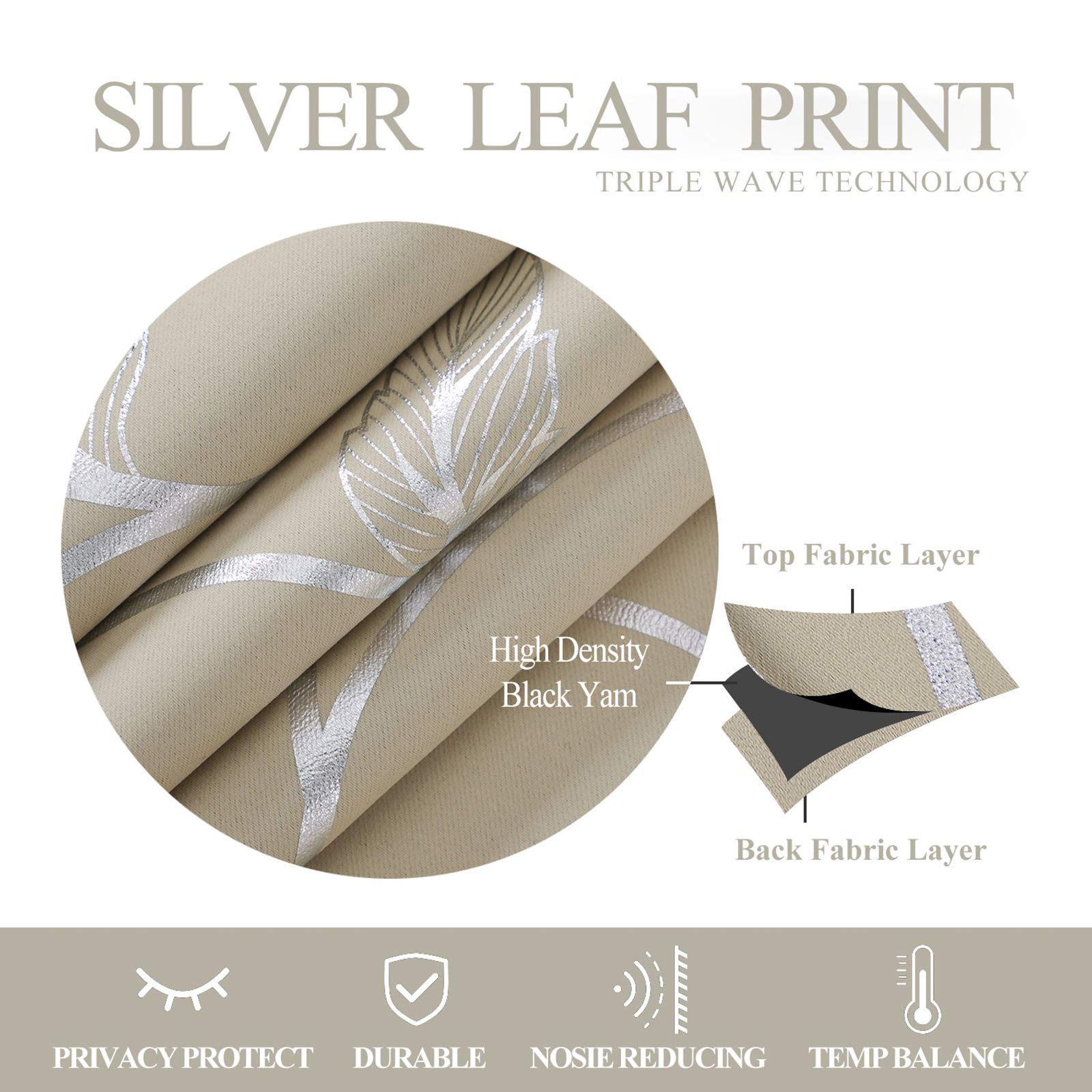 BUHUA Thermal Insulated Blackout Curtains Striped Wave Vine Print Living Room 38W72L Beige 2 Panels - View 6 of 8