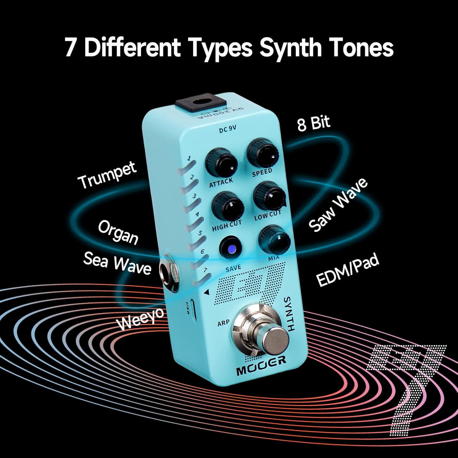 MOOER MOOER E7 Polyphonic Guitar Synth Pedal with 7 Tones Arpeggiator and Preset Slots for Enhanced Sound Control - View 2 of 6