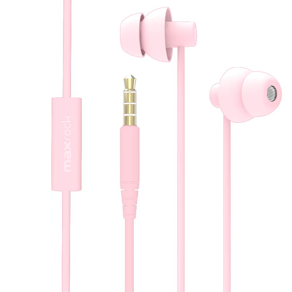 MAXROCK MAXROCK Total Soft Silicon Headphones with Mic for Sleep Travel Compatible with Cellphones Tablets Light Pink