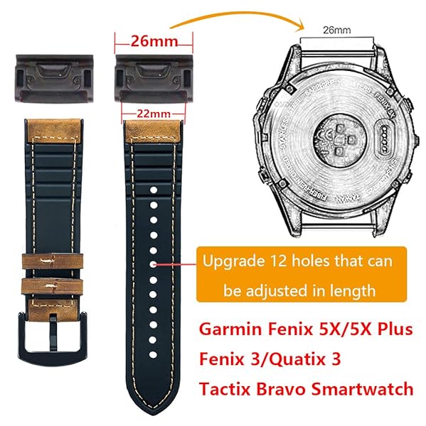 OTOPO OTOPPO Compatible Garmin Fenix 5X 5X Plus Bands Vintage Leather Sweatproof Strap for Fenix 6X 6X Pro 3 3HR Smartwatch - View 5 of 9