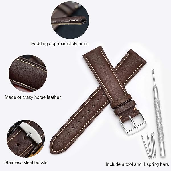 WOCCI WOCCI 23mm Vintage Leather Watch Band for Men and Women with Silver Buckle in Dark Brown and Contrasting Stitch - View 4 of 9