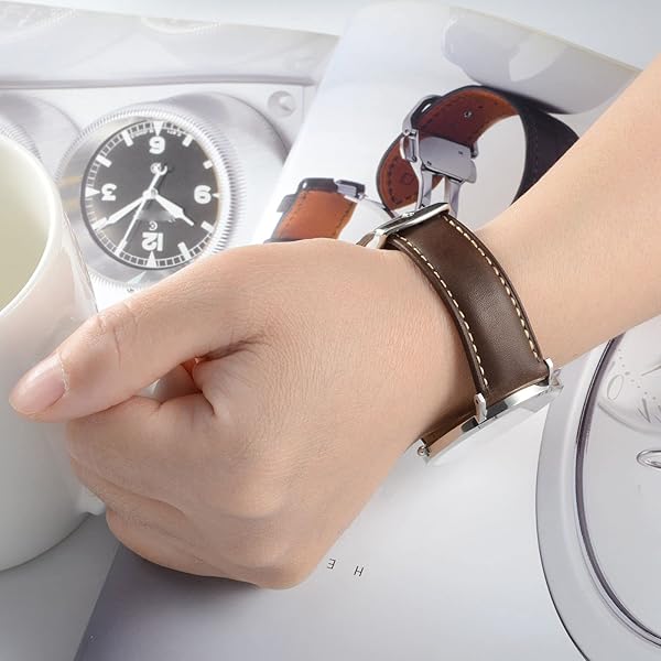 WOCCI WOCCI 23mm Vintage Leather Watch Band for Men and Women with Silver Buckle in Dark Brown and Contrasting Stitch - View 6 of 9
