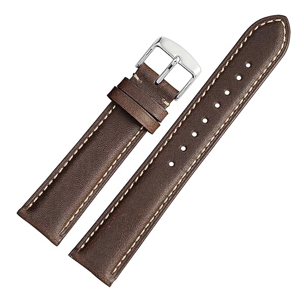 WOCCI WOCCI 23mm Vintage Leather Watch Band for Men and Women with Silver Buckle in Dark Brown and Contrasting Stitch - View 8 of 9