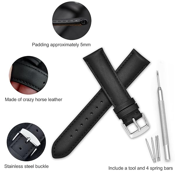 WOCCI WOCCI 23mm Vintage Leather Watch Band for Men and Women with Silver Buckle in Black - View 4 of 9