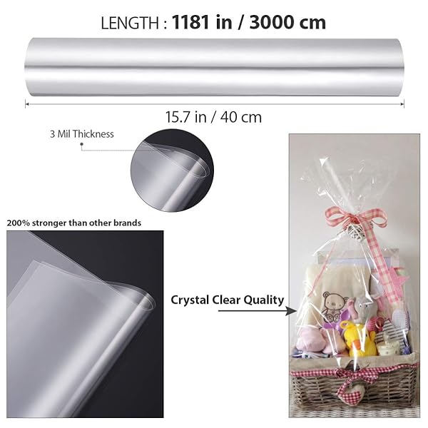 STOBOK STOBOK Clear Cellophane Wrap Roll 31.5 in x 100 Ft 3 Mil Thick Transparent Film for Flowers Craft and Basket Packing - View 3 of 6