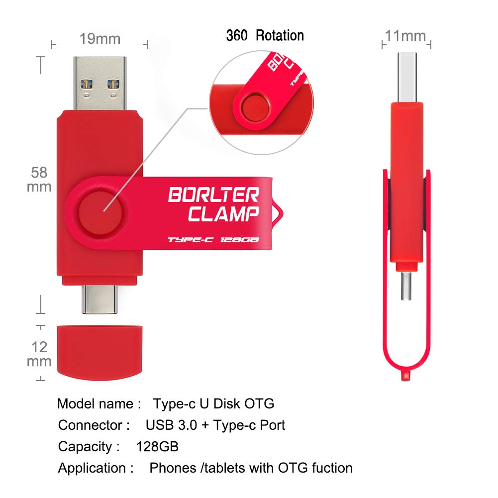 BORLTER CLAMP 128GB USB Type-C Flash Drive BorlterClamp Dual Port Memory Stick for Android Smartphones Tablets and Computers Red - View 6 of 6