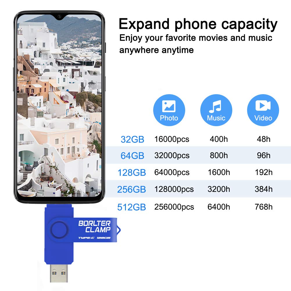 BORLTER CLAMP 128GB USB Type-C Flash Drive BorlterClamp Dual Port Memory Stick for Android Smartphones Tablets and Computers Blue - View 5 of 6