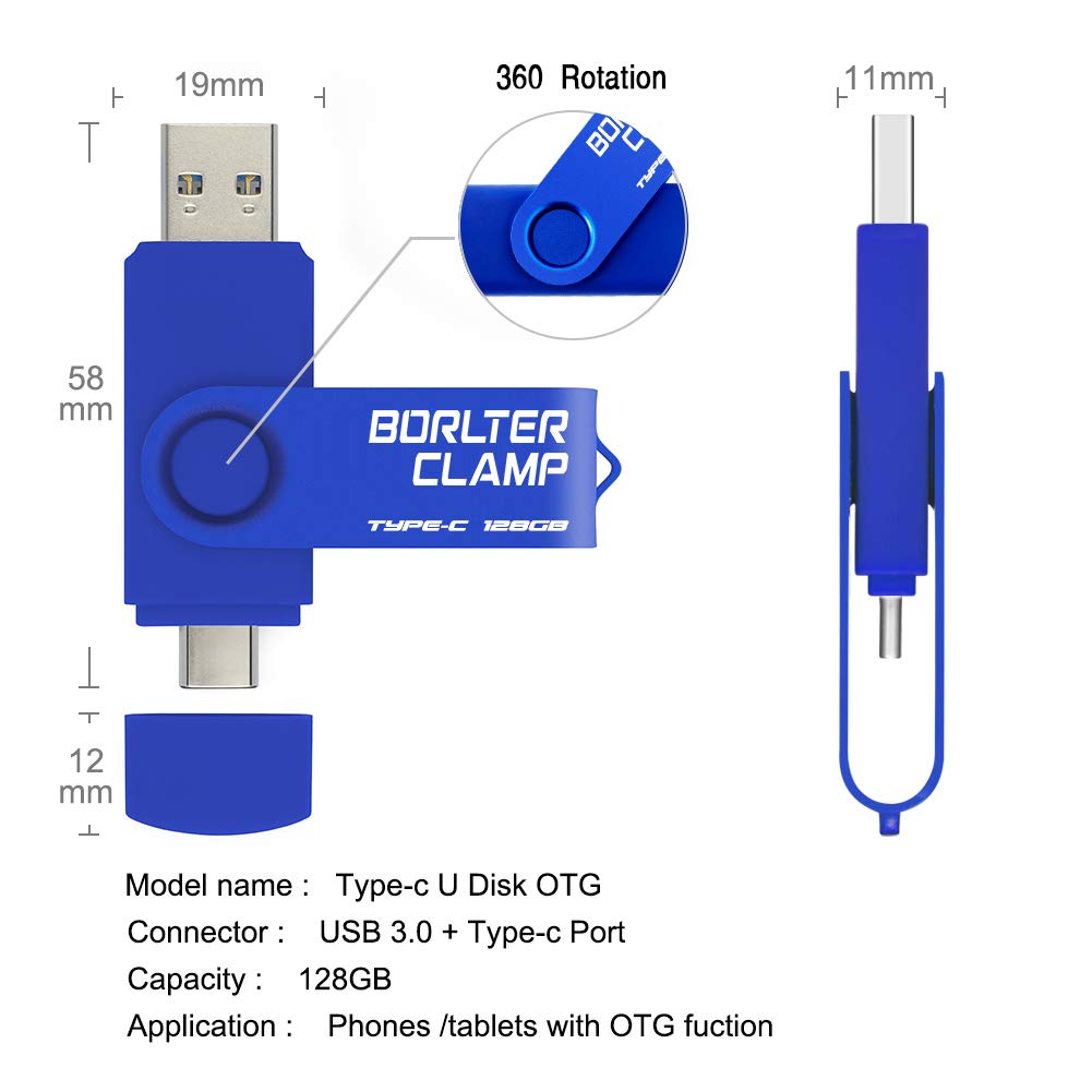 BORLTER CLAMP 128GB USB Type-C Flash Drive BorlterClamp Dual Port Memory Stick for Android Smartphones Tablets and Computers Blue - View 6 of 6