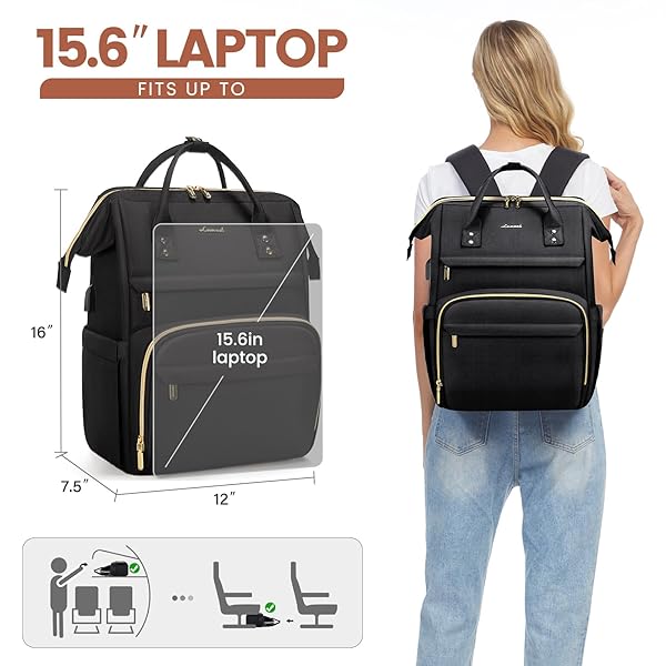 LOVEVOOK LOVEVOOK 15.6 Inch Laptop Backpack for Women Waterproof Travel Bag with USB Port Ideal for Nurses and Teachers Black - View 7 of 8
