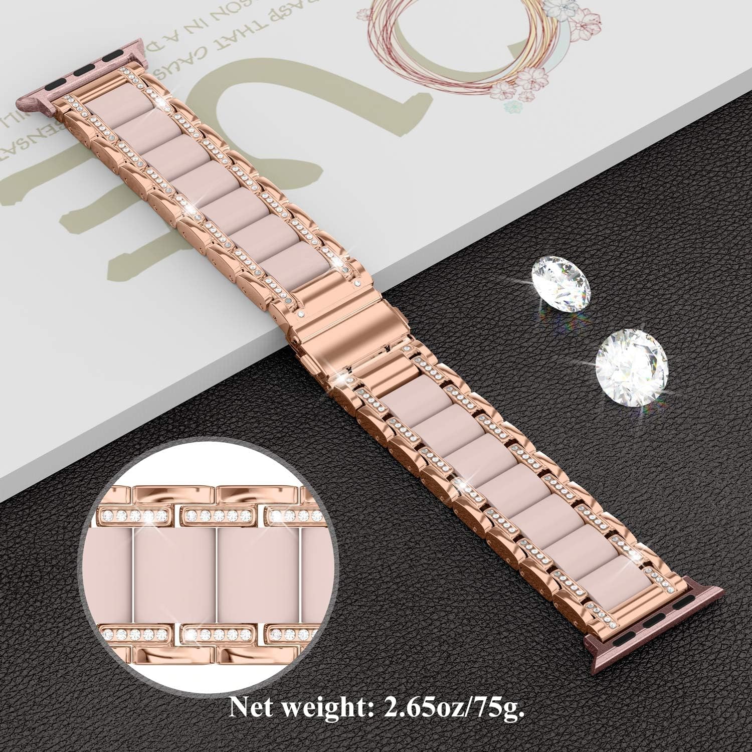 Moolia Metal Band for Apple Watch 42-49mm Women Rhinestones Resin Bling Diamond Bracelet Compatible with iWatch Series 10 to 1 SE Ultra Silver White - View 3 of 7