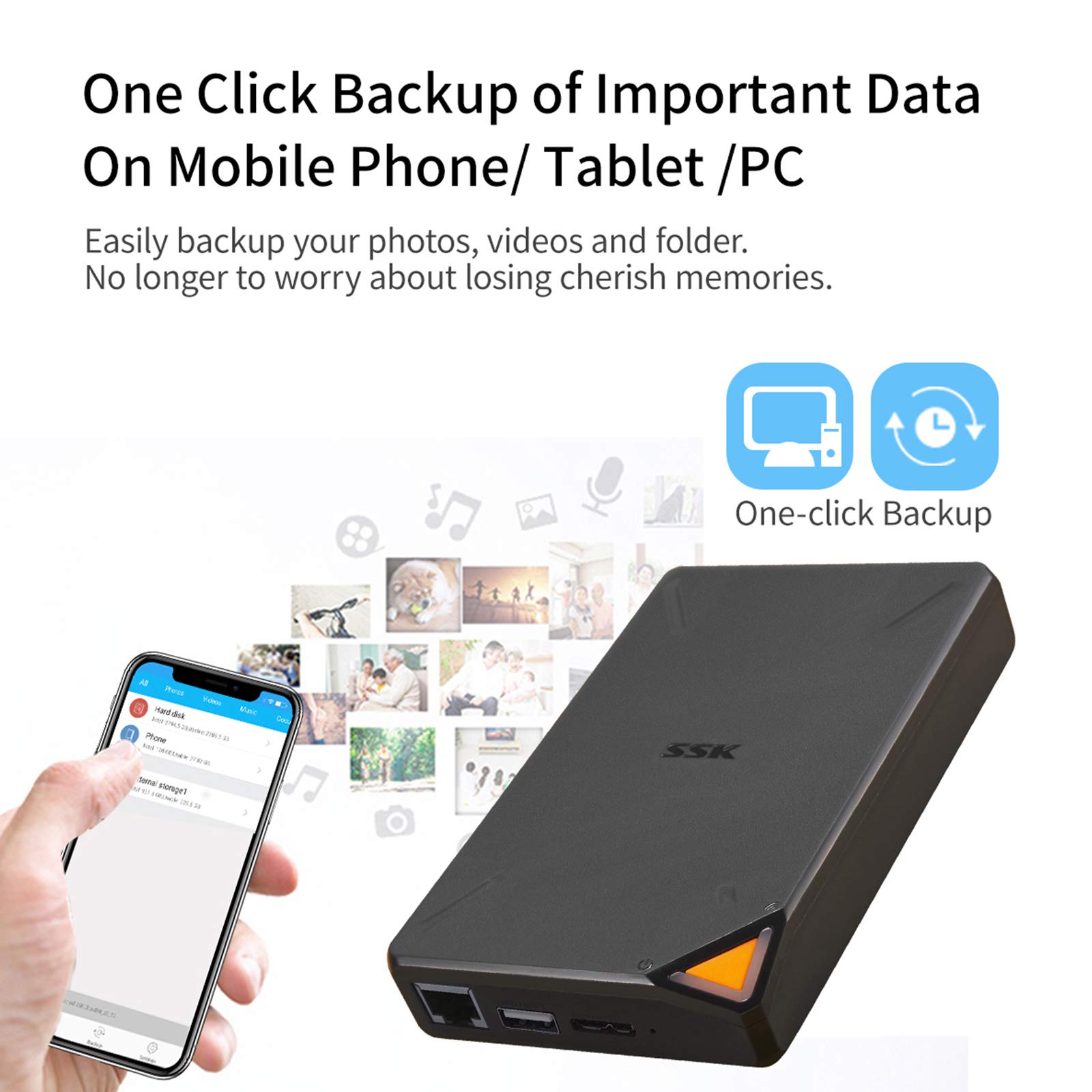 SSK SSK 1TB Wireless Portable NAS: Travel-Friendly Cloud Storage with Auto-Backup & SD Card Reader for iPhone, iPad & Laptops - View 3 of 6