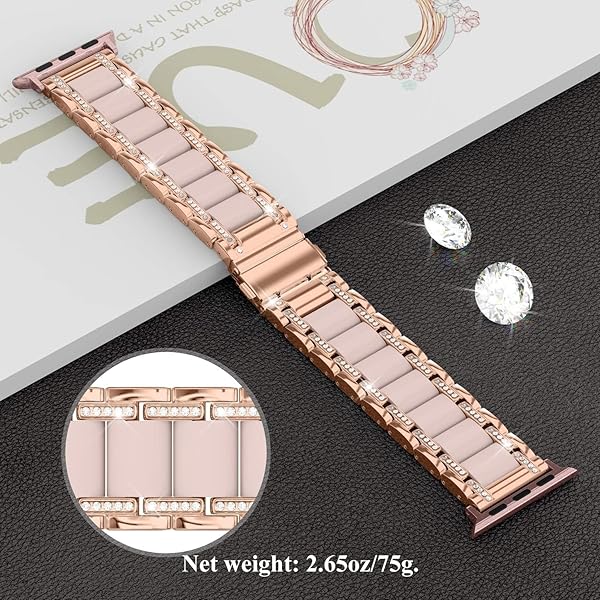Moolia Moolia Metal Band for Apple Watch 38-42mm Women Rhinestones Resin Bling Diamond Bracelet Rose Gold Pink Compatible with Series 1-10 SE Ultra - View 3 of 7