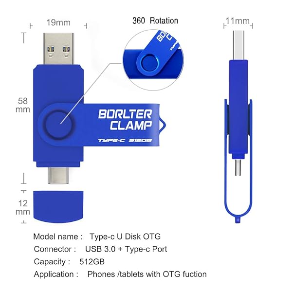 BORLTER CLAMP 512GB USB Type-C Flash Drive BorlterClamp Dual Port Memory Stick for Android Smartphones Tablets and Computers Blue - View 8 of 8