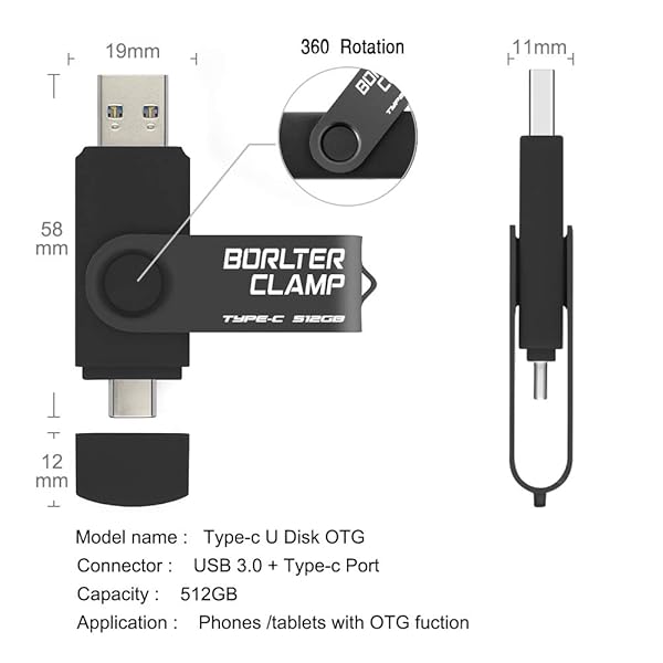 BORLTER CLAMP 512GB USB Type-C Flash Drive BorlterClamp Dual Port Memory Stick for Android Smartphones Tablets and Computers Black - View 8 of 8