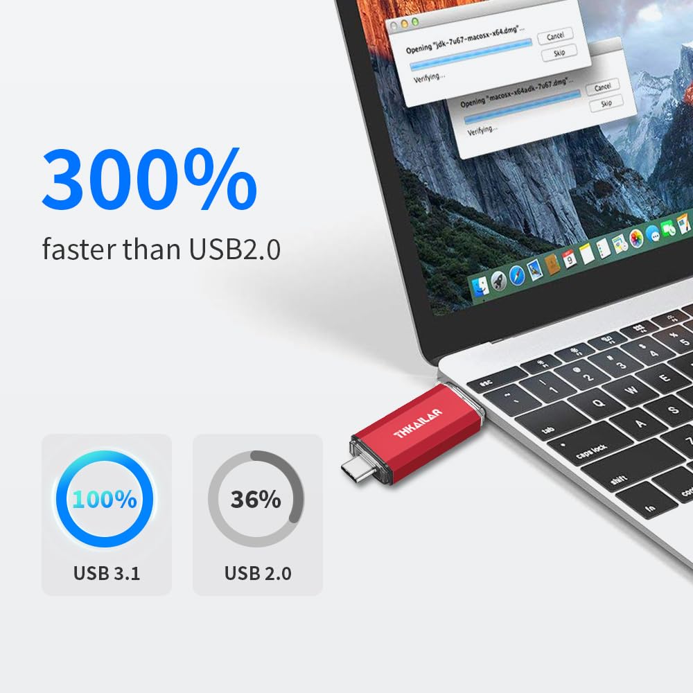 THKAILAR Thkailar 256GB USB C Flash Drive Type C Type A 3.1 Compatible with Android Phone MacBook Pro PC Red - View 2 of 7