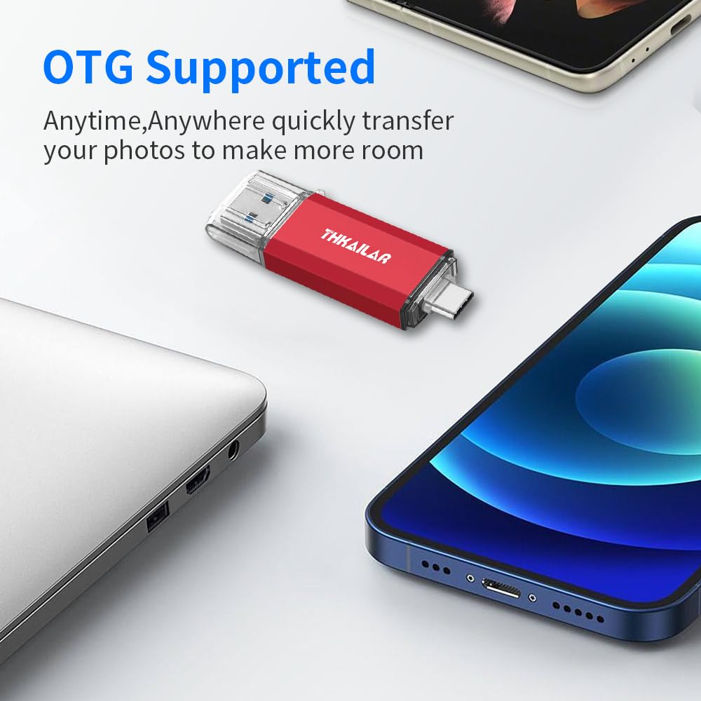 THKAILAR Thkailar 256GB USB C Flash Drive Type C Type A 3.1 Compatible with Android Phone MacBook Pro PC Red - View 3 of 7