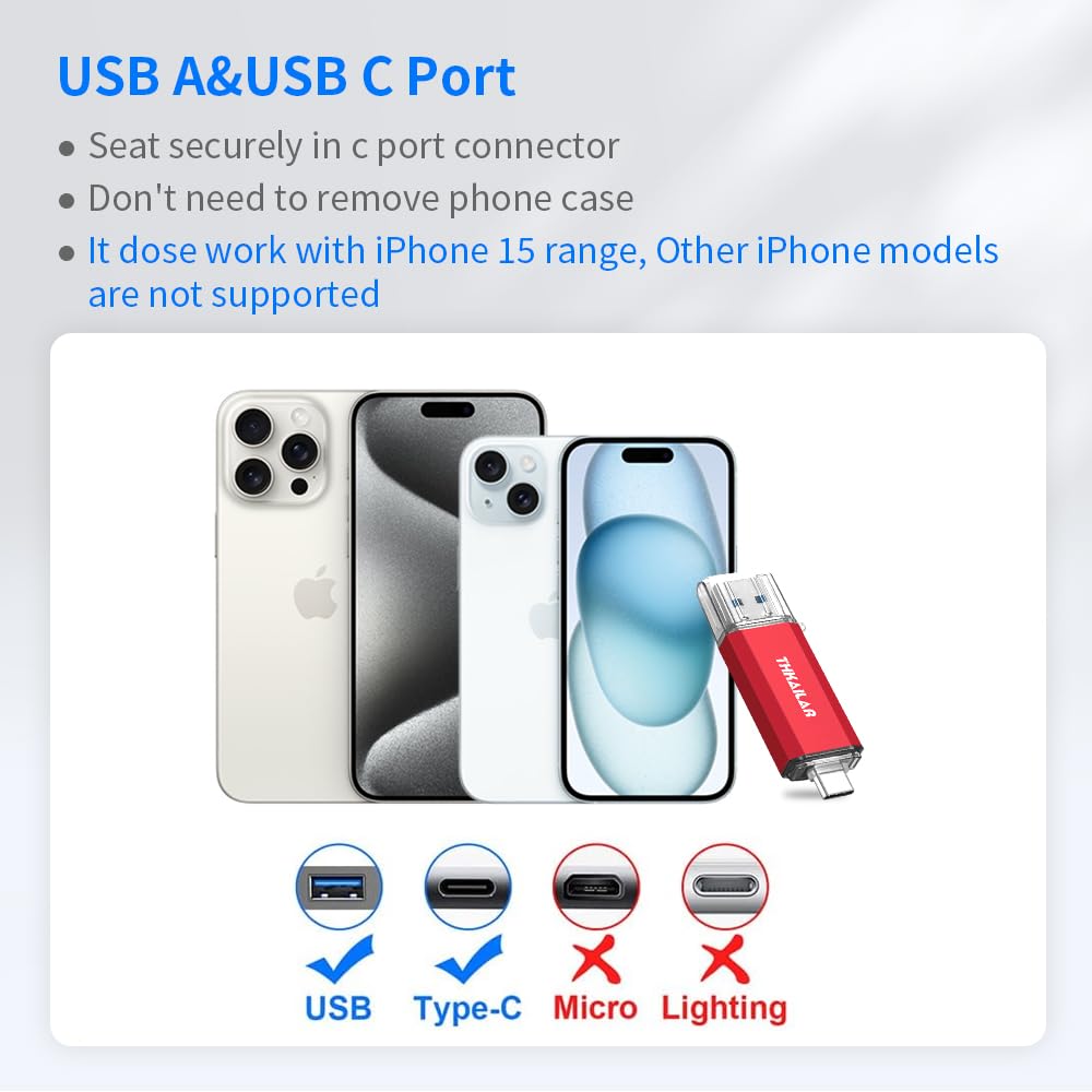 THKAILAR Thkailar 256GB USB C Flash Drive Type C Type A 3.1 Compatible with Android Phone MacBook Pro PC Red - View 6 of 7