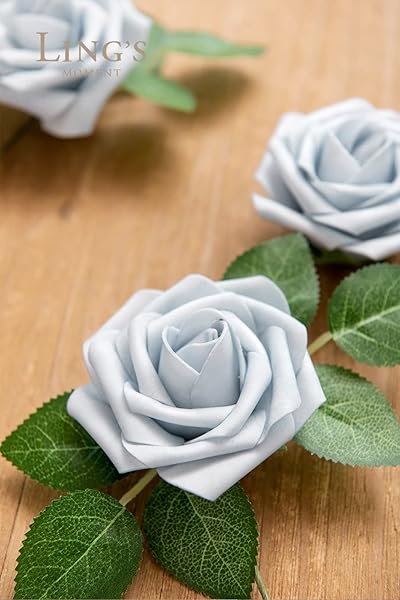 Ling's moment Ling's Moment 25Pcs Powder Blue Roses Artificial Flowers Real Touch Foam for Wedding Bouquets Centerpieces and Home Decor - View 3 of 4