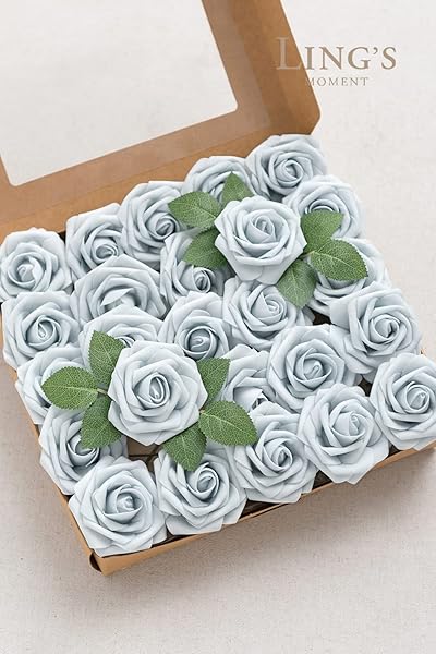 Ling's moment Ling's Moment 25Pcs Powder Blue Roses Artificial Flowers Real Touch Foam for Wedding Bouquets Centerpieces and Home Decor - View 4 of 4
