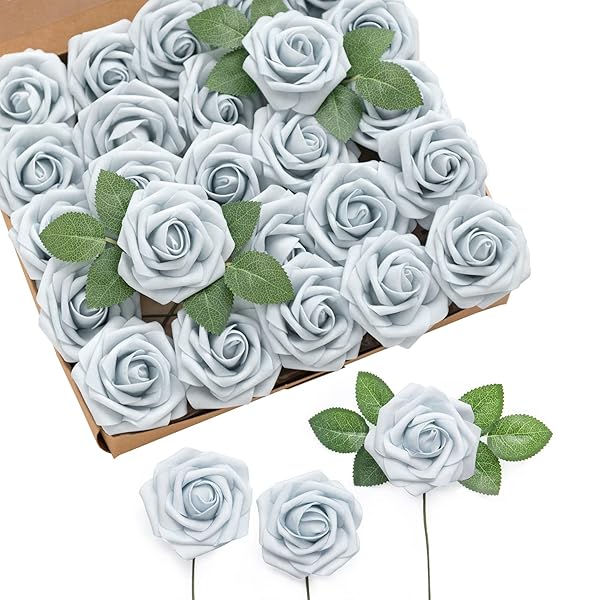 Ling's moment Ling's Moment 25Pcs Powder Blue Roses Artificial Flowers Real Touch Foam for Wedding Bouquets Centerpieces and Home Decor