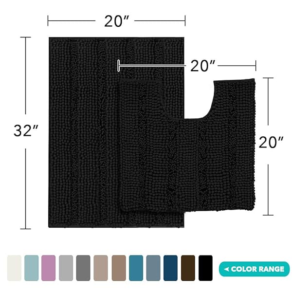 Turquoize Turquoize Chenille Bathroom Rugs Set Non-Slip Super Absorbent Shaggy Bath Mats Plush Tub Toilet Contour Rug Black 20x32 and 20x20 - View 5 of 7