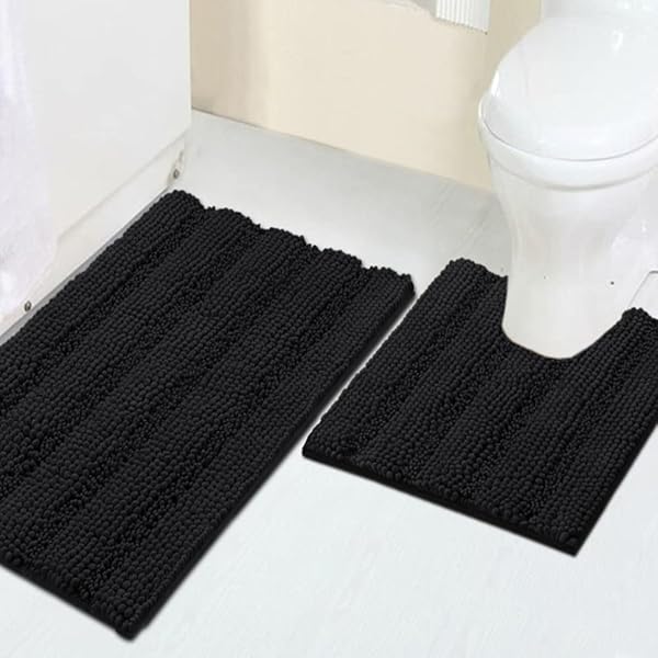 Turquoize Turquoize Chenille Bathroom Rugs Set Non-Slip Super Absorbent Shaggy Bath Mats Plush Tub Toilet Contour Rug Black 20x32 and 20x20