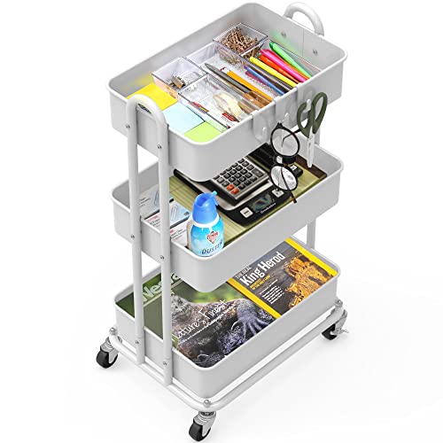 Simple Houseware SimpleHouseware Heavy Duty 3 Tier Metal Utility Rolling Cart White for Home and Office Organization - View 3 of 6