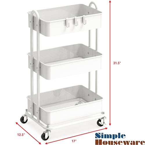 Simple Houseware SimpleHouseware Heavy Duty 3 Tier Metal Utility Rolling Cart White for Home and Office Organization - View 6 of 6