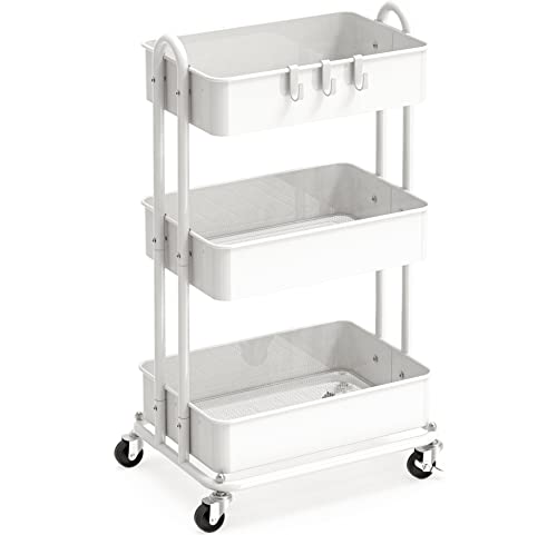 SimpleHouseware Heavy Duty 3 Tier Metal Utility Rolling Cart White for Home and Office Organization