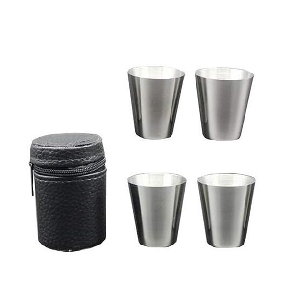 lasenersm 4-Pack 30ml Stainless Steel Shot Cups with Black PU-Leather Case - Perfect for Camping, Travel, Coffee & Tea