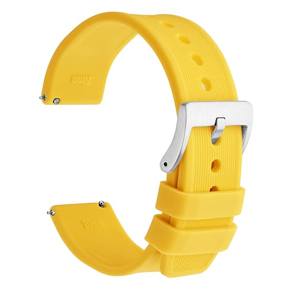 WOCCI 18mm Yellow Striped Silicone Watch Band Replacement Strap with Brushed Silver Buckle