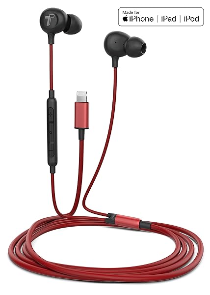 Thore Thore iPhone 13/14 Earphones (V60) Wired in Ear Lightning Earbuds (Apple MFi Certified) Headphones with Microphone/Remote for iPhone 12/11/Pro Max/Xr/Xs Max/X/8/7 - Red - View 7 of 8