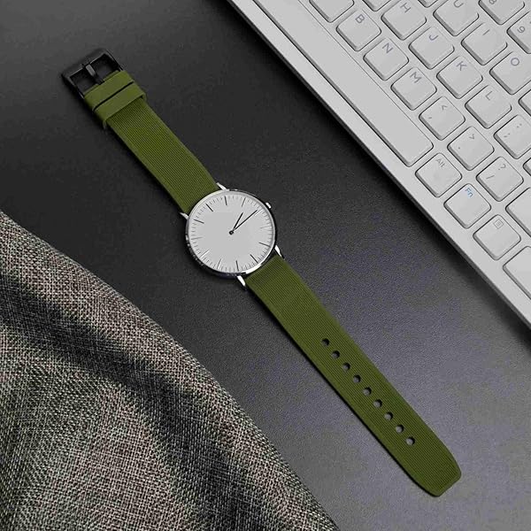 WOCCI WOCCI 18mm Striped Silicone Watch Band Replacement Strap Army Green with Brushed Silver Buckle - View 8 of 9