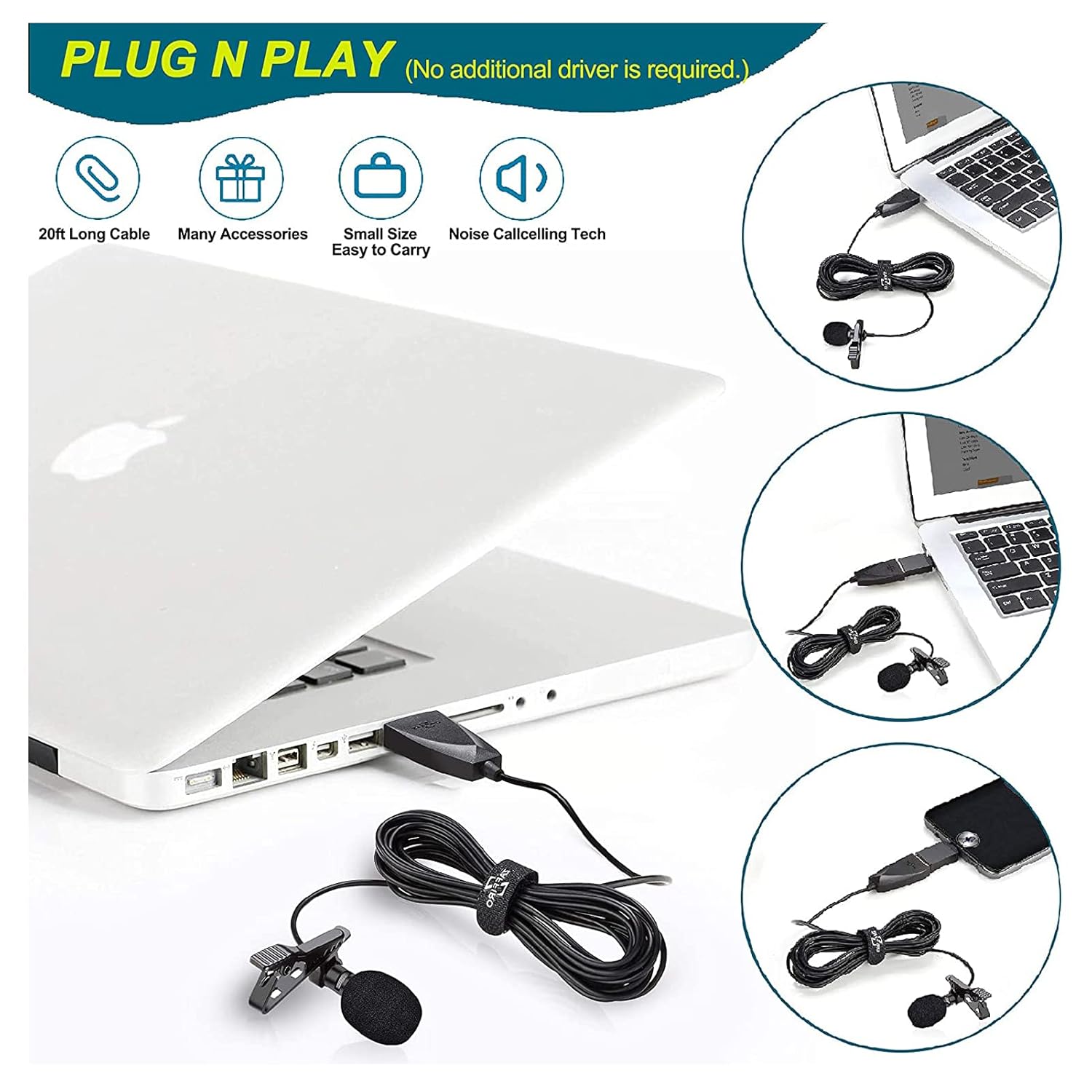 Z ZAFFIRO ZAFFIRO USB Lavalier Microphone Clip-on Omnidirectional Mic for PC Laptop Mac PS4 Smartphone Ideal for Video Recording - View 4 of 7