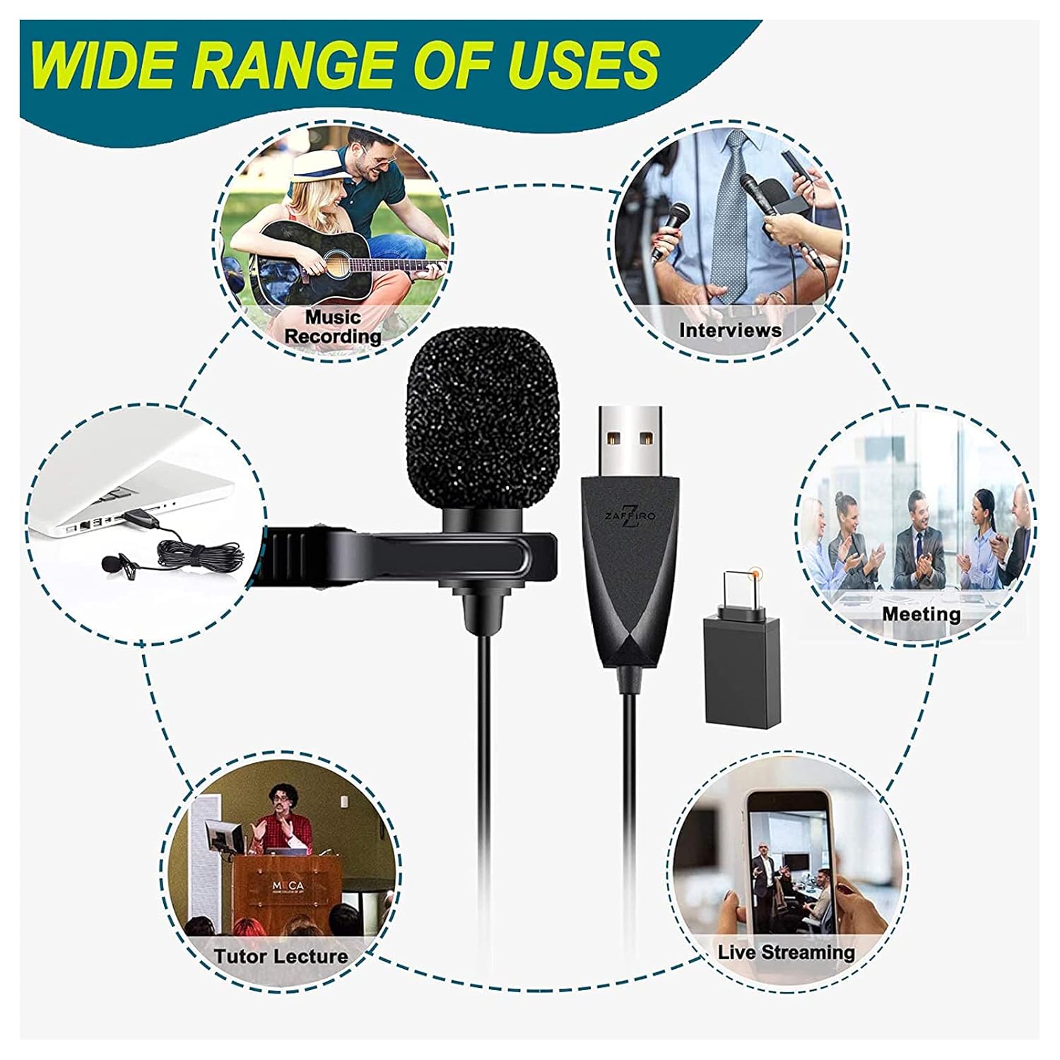 Z ZAFFIRO ZAFFIRO USB Lavalier Microphone Clip-on Omnidirectional Mic for PC Laptop Mac PS4 Smartphone Ideal for Video Recording - View 7 of 7