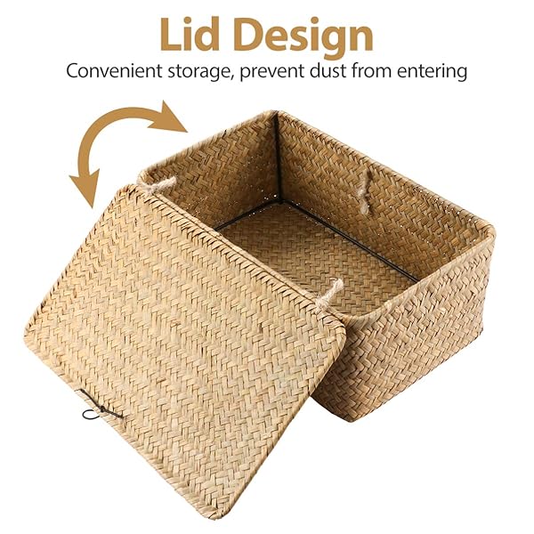 VOSAREA Vosarea Rattan Storage Basket - Hand-Woven 9-Inch Seaweed Container with Lid for Stylish Home Decor & Organization - View 5 of 11